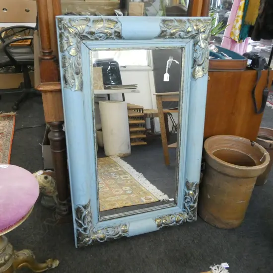 LG MIRROR, BLUE PAINTED CARVED WOODEN FRAME 700x1110mm 