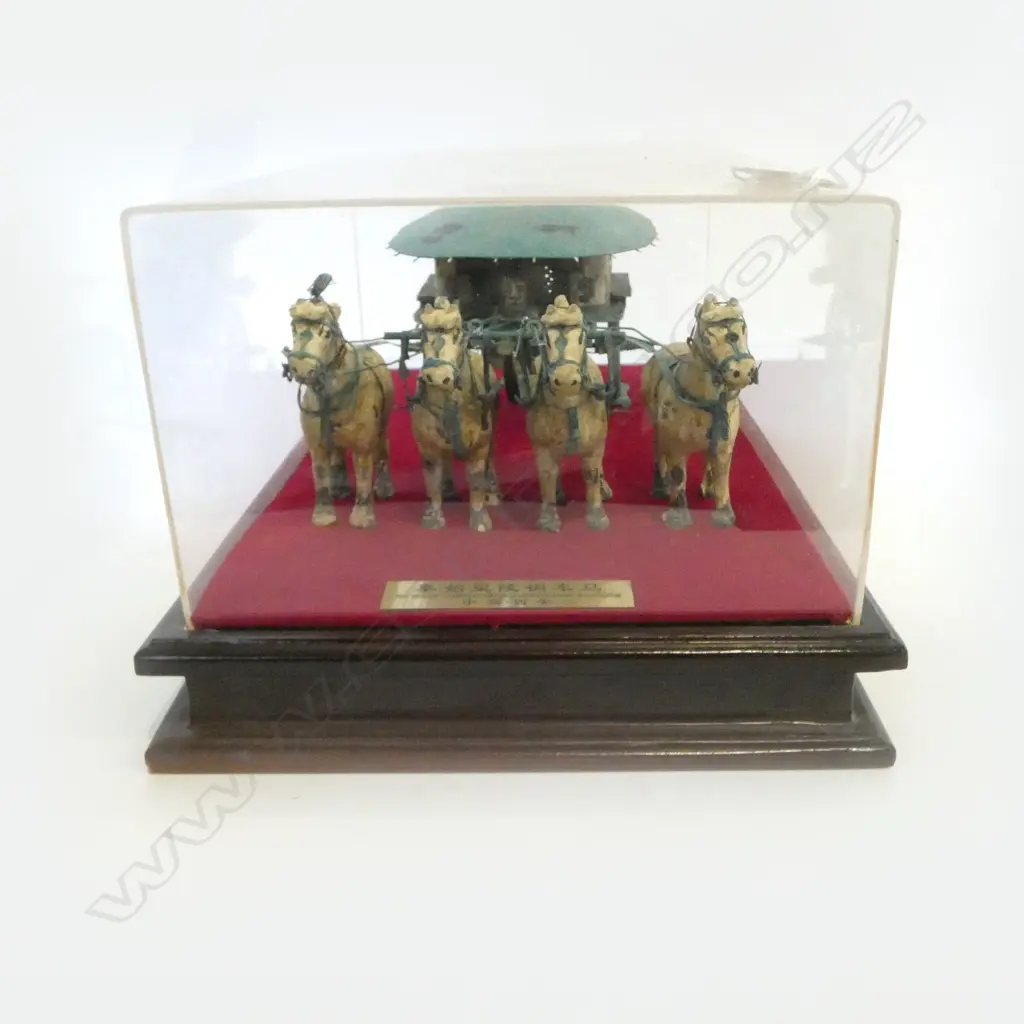 CASED CHINESE BRONZE ? MODEL of an ANCIENT IMPERIAL 4 HORSE DRAWN CARRIAGE L.400mm Image 1++