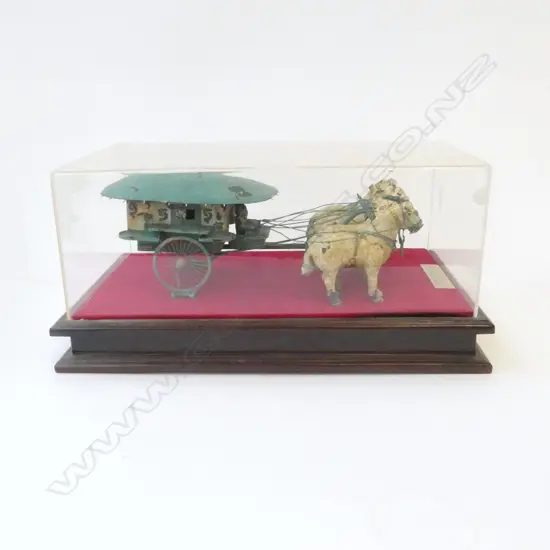 CASED CHINESE BRONZE ? MODEL of an ANCIENT IMPERIAL 4 HORSE DRAWN CARRIAGE L.400mm