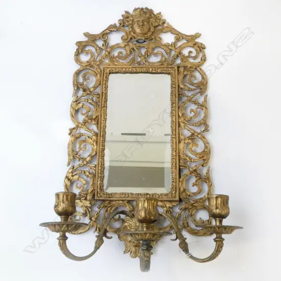 MIRROR w. ORNATE GOLD METAL FRAME & 3 CANDLEHOLDERS H.460mm