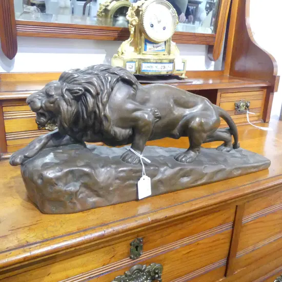OLD PRANCING LION SCULPTURE heavy composite with bronze finish impressed 'Bonheur' L.500mm