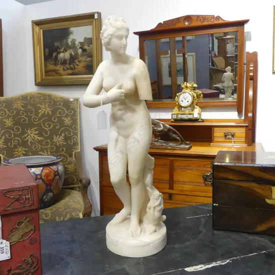 19thC WHITE ALABASTER CARVED ITALIAN VENUS FIGURE the base w dolphin fish+ cherubs. Faulted.Arm & fingers absent.H.475mm