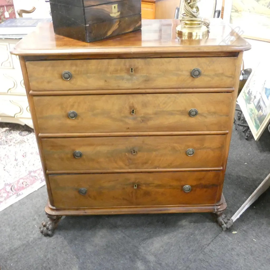 19thC EUROPEAN flame MAHOGANY 4 DRAWER CHEST 920 x 485 x 925mm ball & claw feet. slight fading Image 1++