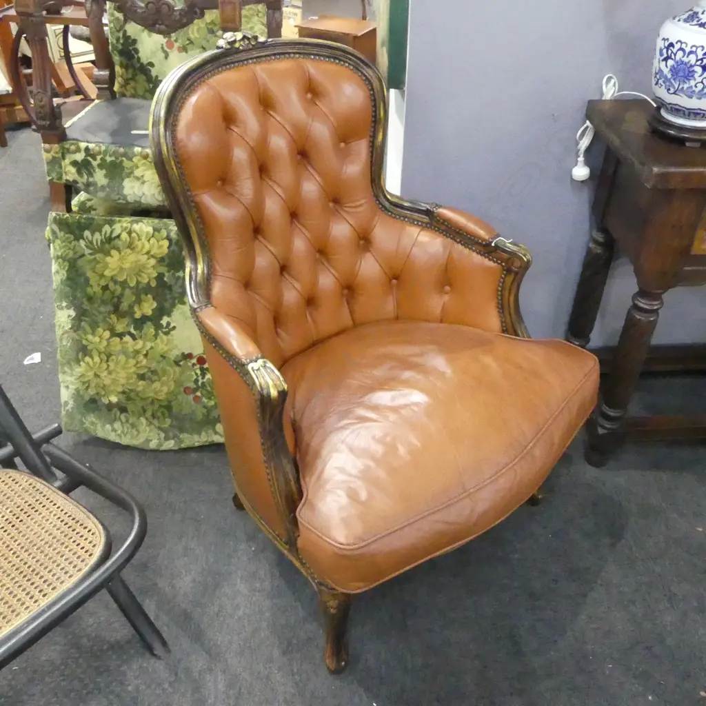 FRENCH STYLE BUTTON BACK ARMCHAIR; UPHOLSTERED LONDON TAN LEATHER Image 1++
