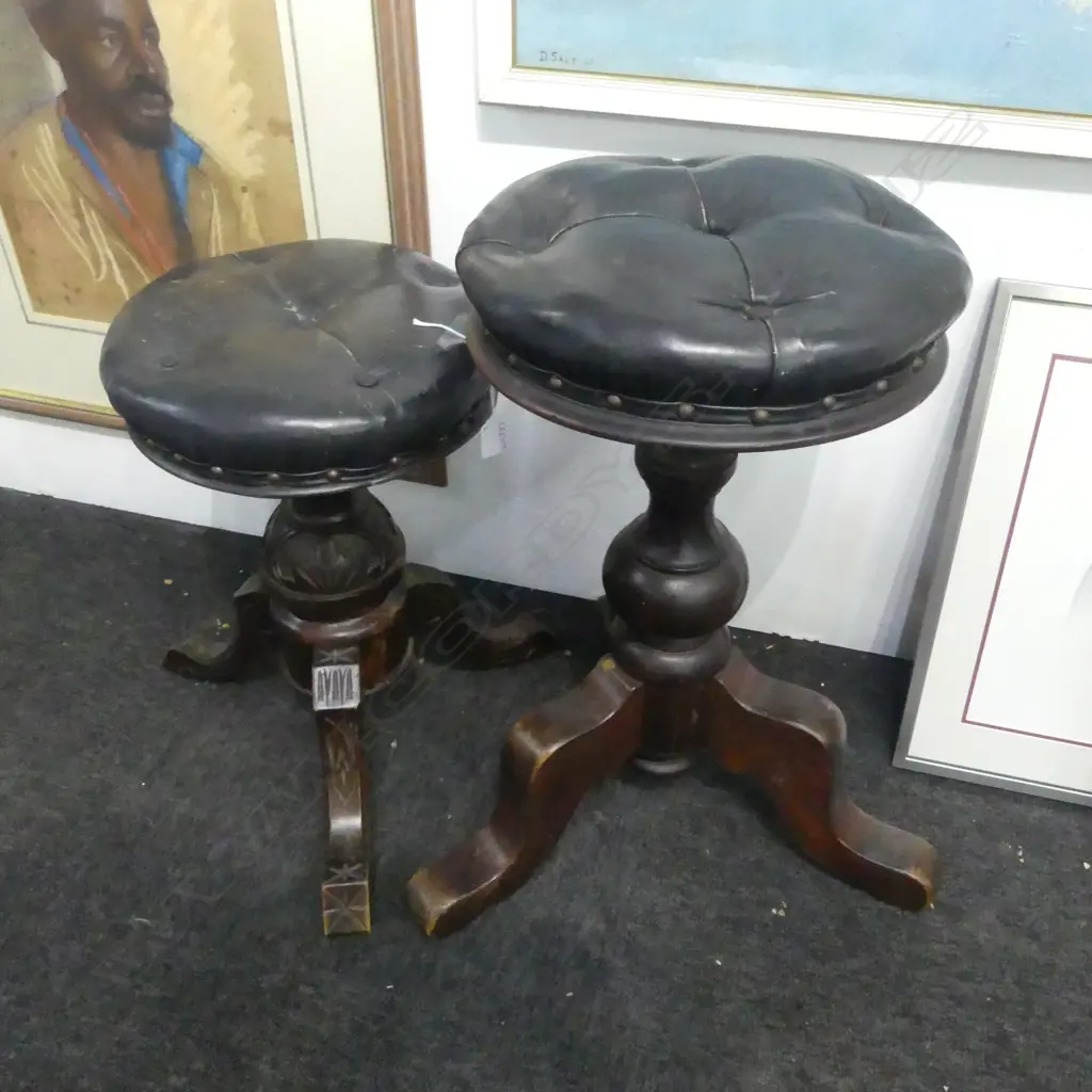 2 VICTORIAN PIANO STOOLS, BLACK LEATHER SEATS Image 1++