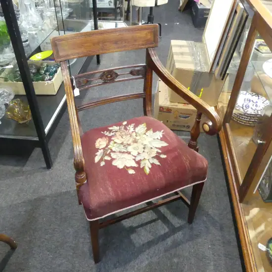 ANTIQUE MAHOGANY ARMCHAIR, NEEDLEWORK SEAT