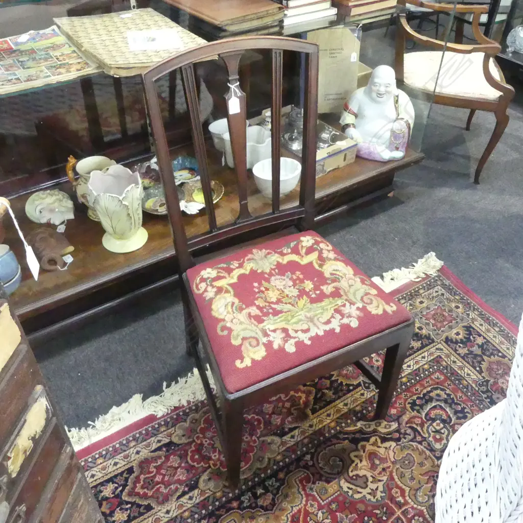 ANTIQUE MAHOGANY DINING CHAIR, NEEDLEWORK SEAT Image 1++