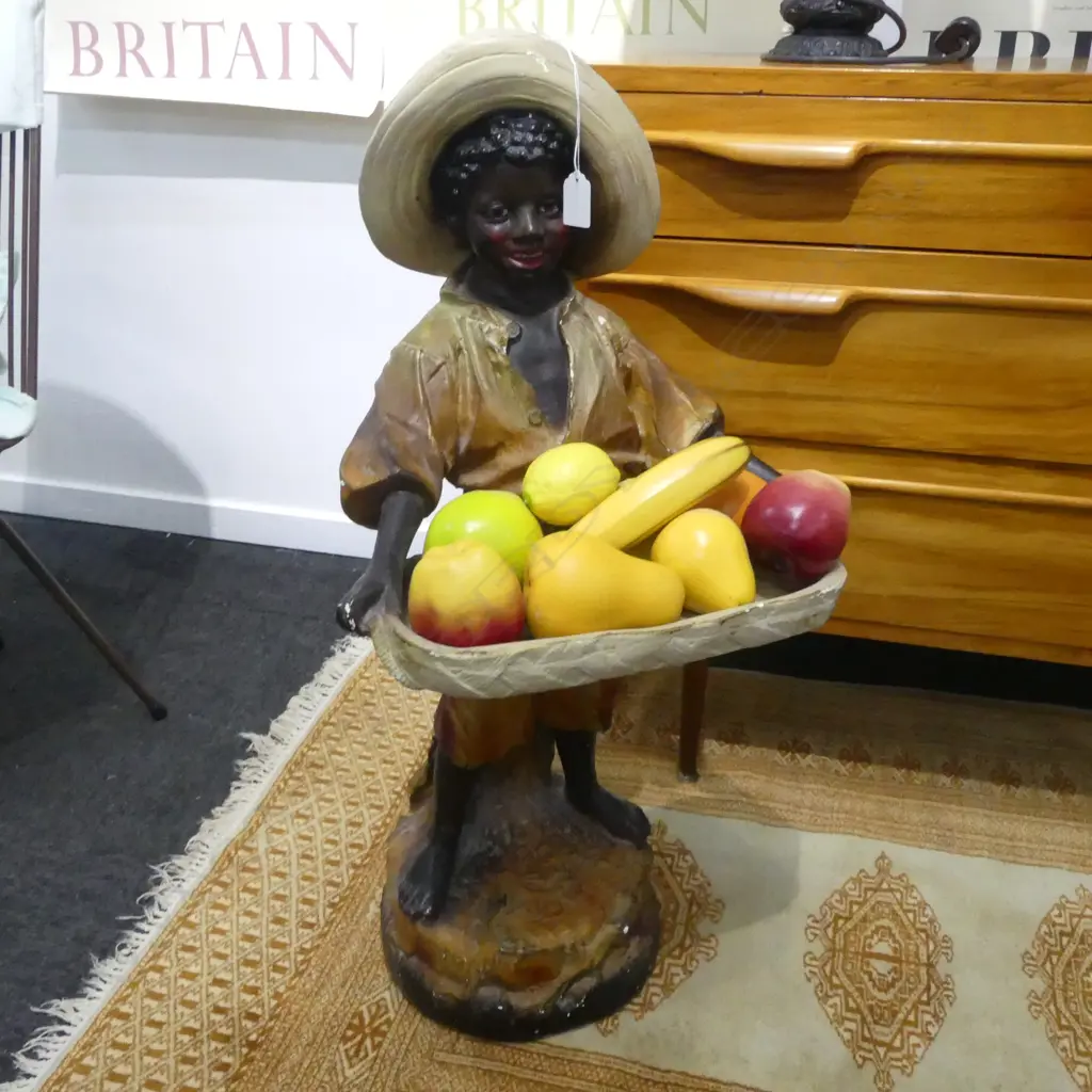 PAINTED PLASTER BOY HOLDING TRAY w. FRUIT H.780mm Image 1++