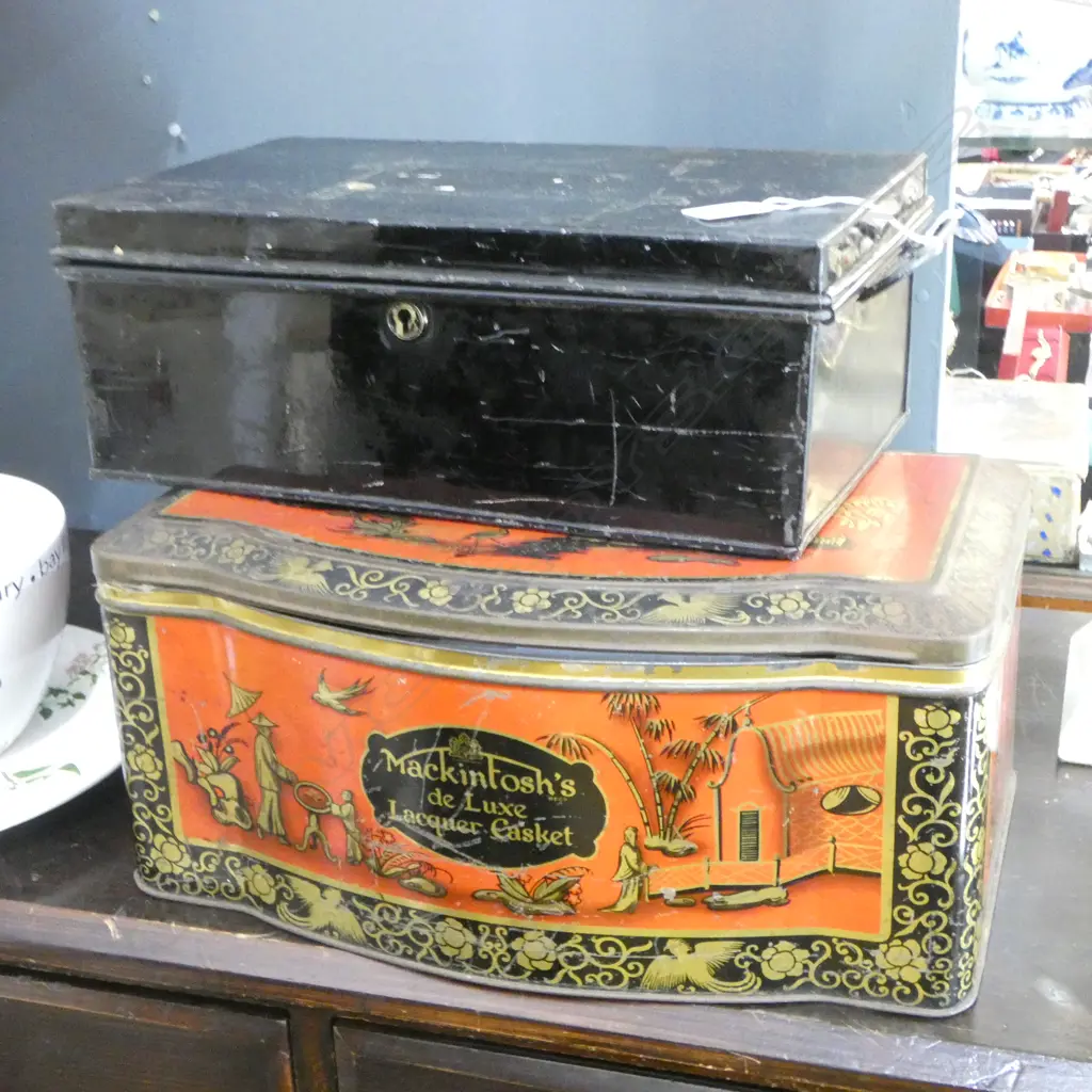 2 METAL CONTAINERS; DEED BOX & 'MACKINTOSH'S DE LUXE LACQUER CASKET' W.400mm Image 1++