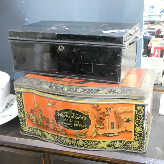 2 METAL CONTAINERS; DEED BOX & 'MACKINTOSH'S DE LUXE LACQUER CASKET' W.400mm