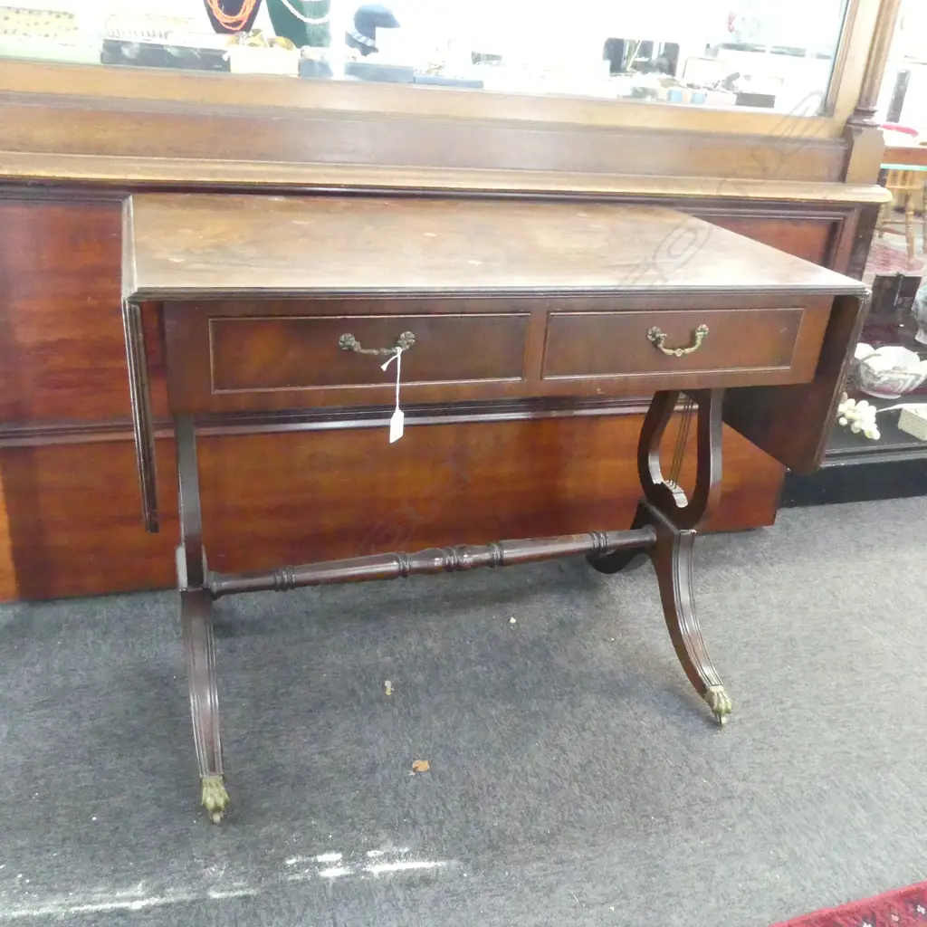 REPRO FLAME MAHOGANY DROP SIDE SOFA TABLE 910x450x730mm (REPAIR TO LEG, TOP WITH SOME MARKS) Image 1++