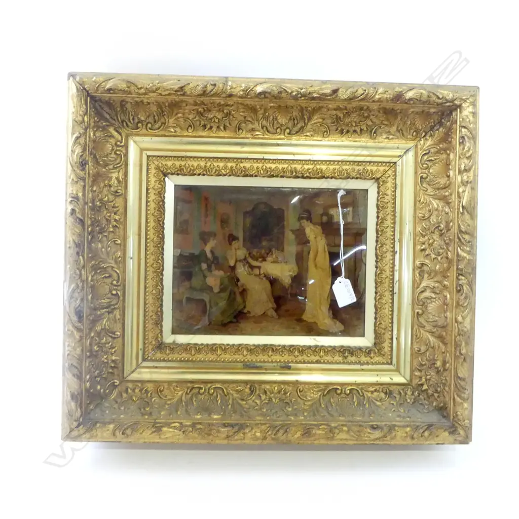 ANTIQUE CRYSTOLEUM PRINT AFTER VITTORIO REGGIANINI, 3 EARLY 19thC / REGENCY WOMEN IN INTERIOR 190x245mm Image 1++