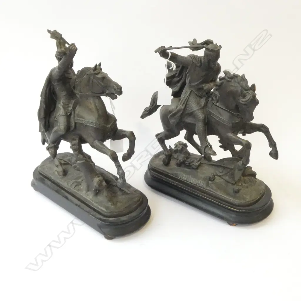 PR VICTORIAN SPELTER STATUES: 'RICHARD I' & 'EDWARD III' on horseback wielding weapons H.310mm Image 1++
