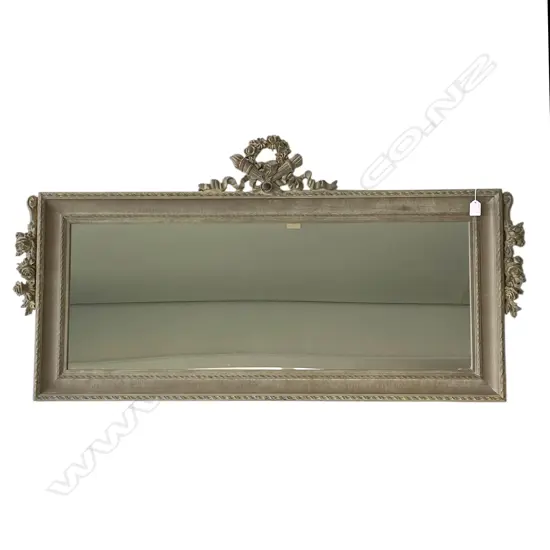 FRENCH-STYLE WOODEN MIRROR, W CARVED FLORAL PEDIMENT & SIDES, 1200 x 630mm 