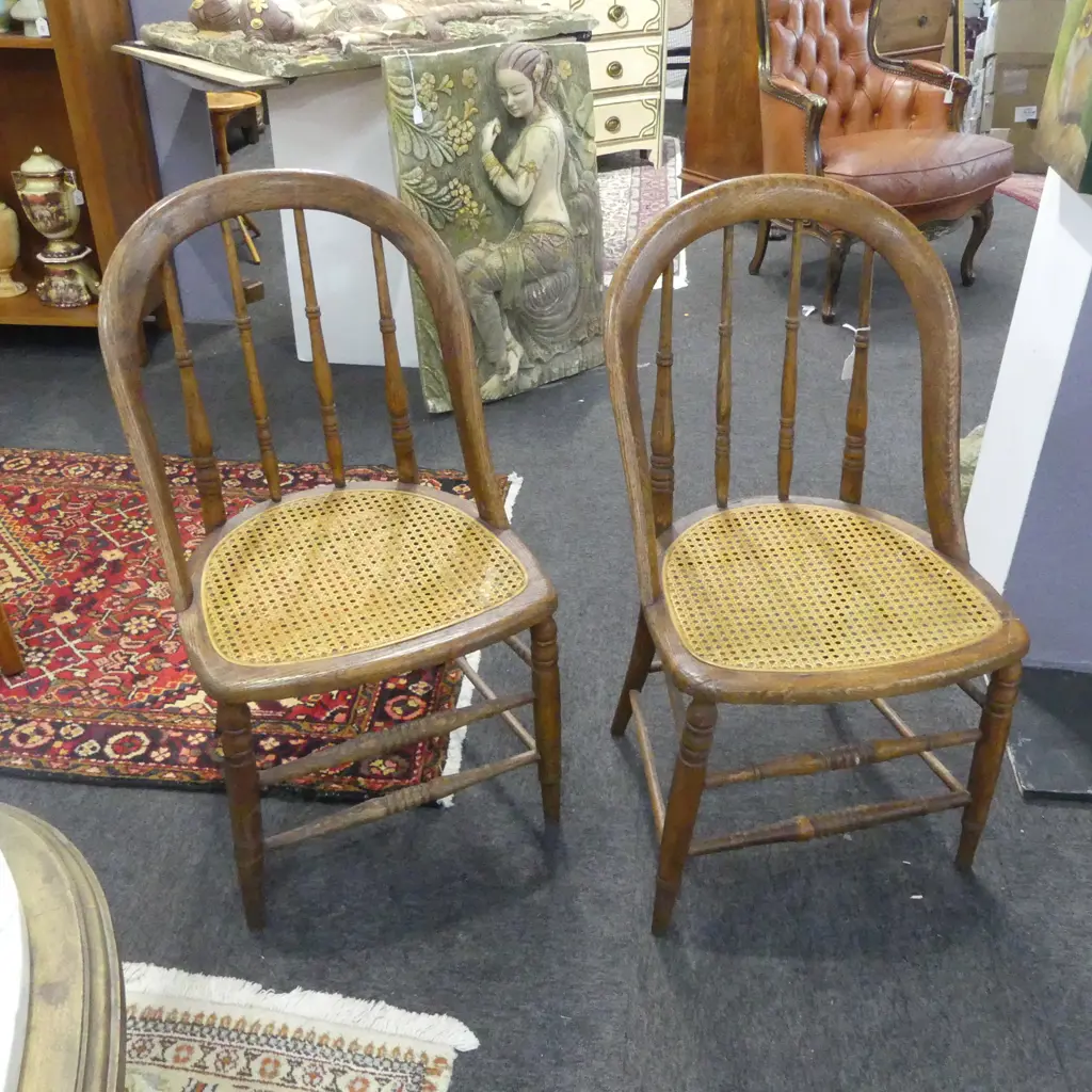 2 OAK BOW/SPINDLE BACK WICKER CHAIRS  Image 1++