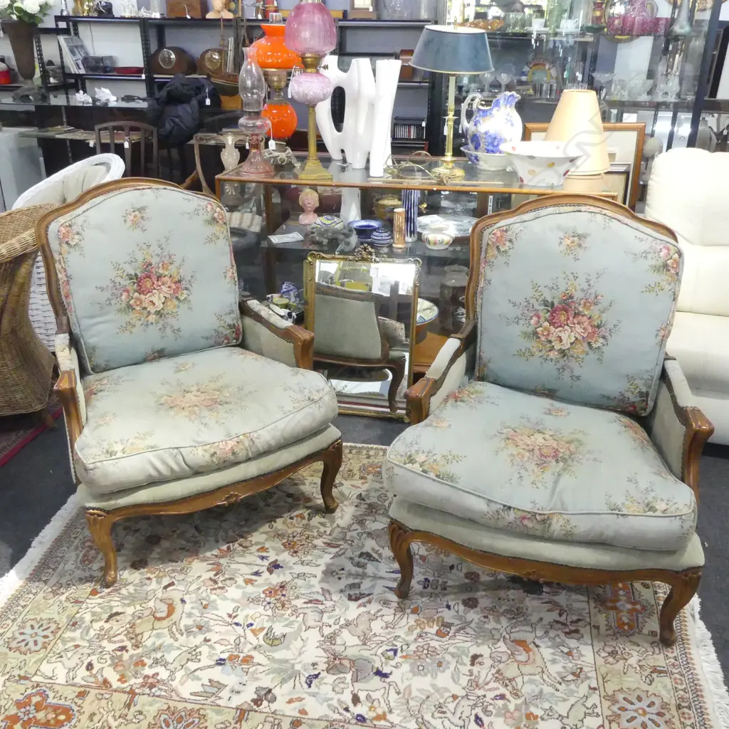 PR FRENCH STYLE ARMCHAIRS IN BLUE FLORAL LINEN UPHOLSTERY Image 1++