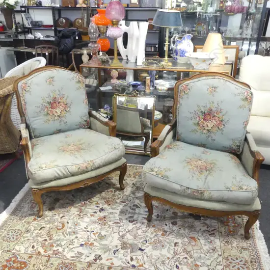 PR FRENCH STYLE ARMCHAIRS IN BLUE FLORAL LINEN UPHOLSTERY
