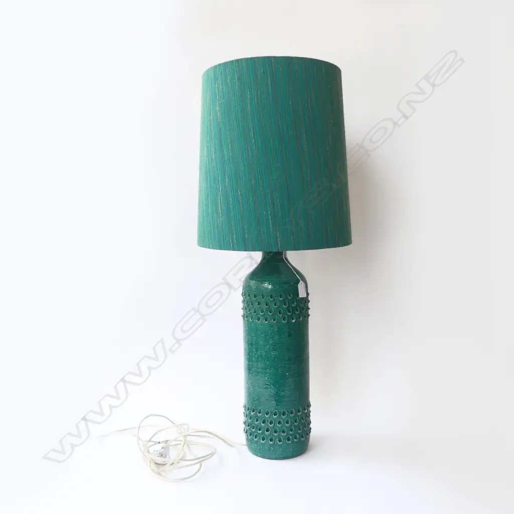 MID-CENTURY TEAL GLAZE CERAMIC BITOSSI TABLE LAMP, MARK TO BASE H.860mm minor chips Image 1++