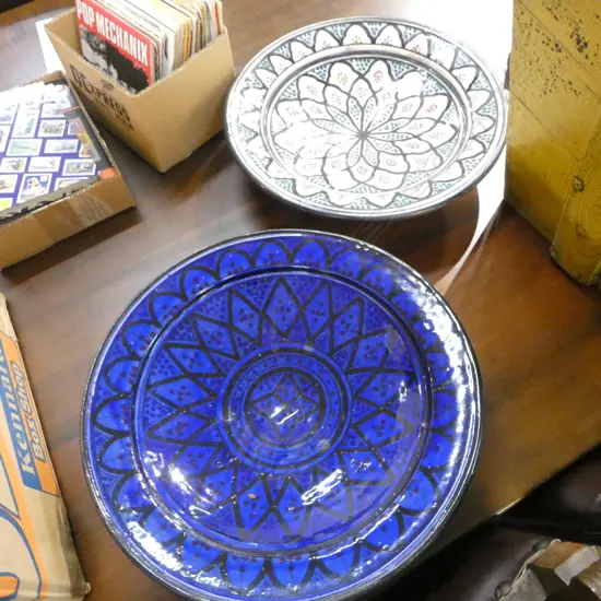 2 VINTAGE MORRACAN POTTERY LARGE BOWLS decoratively painted glossy glaze Dia.425mm