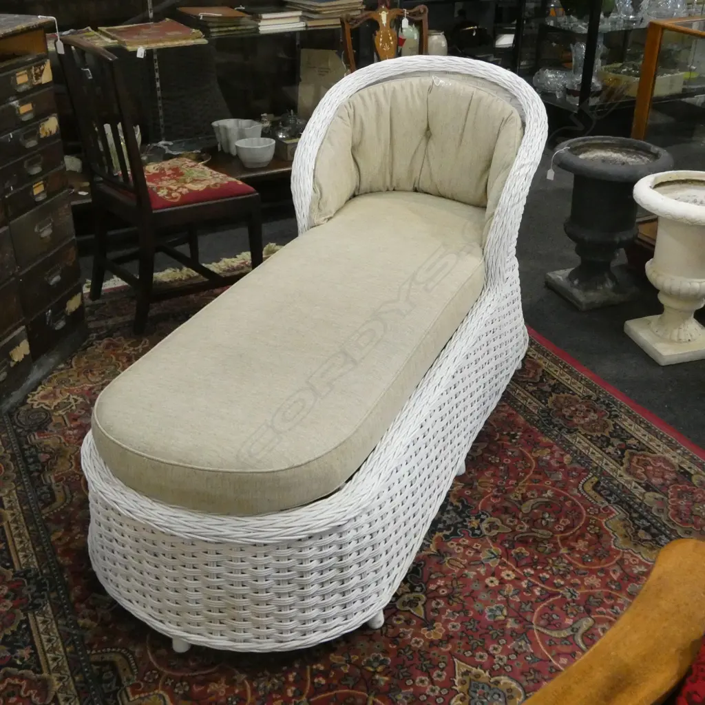 WHITE PAINTED WOVEN CANE CHAISE 710x1800x860mm Image 1++