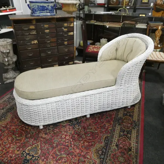 WHITE PAINTED WOVEN CANE CHAISE 710x1800x860mm