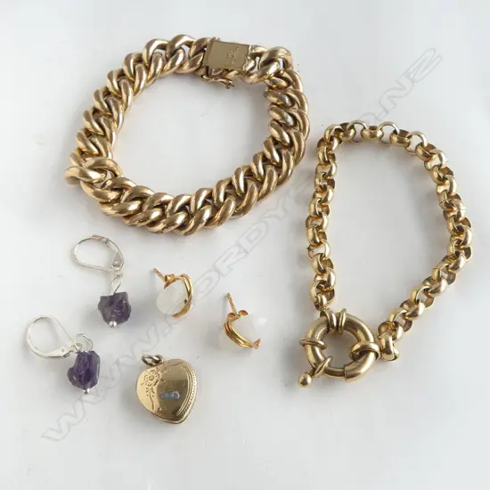 2 RG BRACELETS, 2 PRS EARRINGS, 9CT LINED HEART LOCKET AF