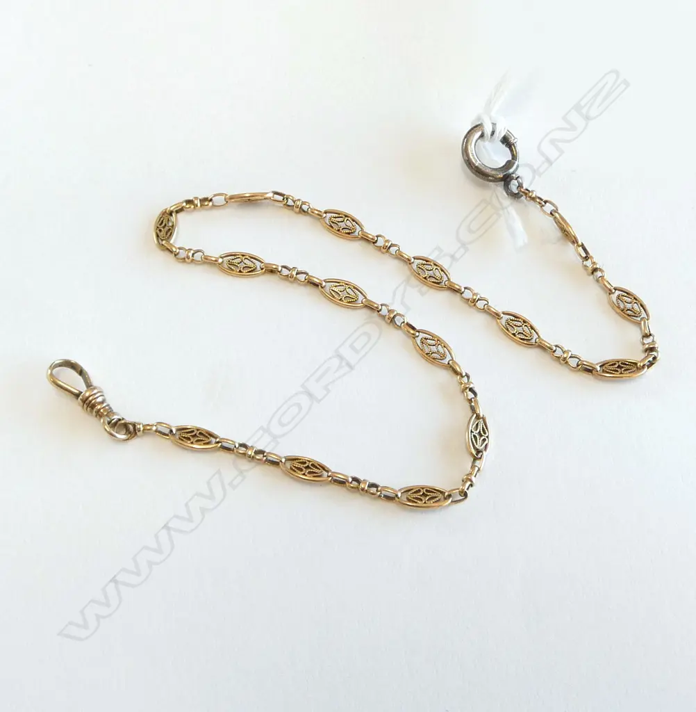 15ct FANCY FOB WATCH CHAIN, chain tests as 15ct, 10ct clasp & metal jump ring, L.250mm, 5.09gm Image 1++