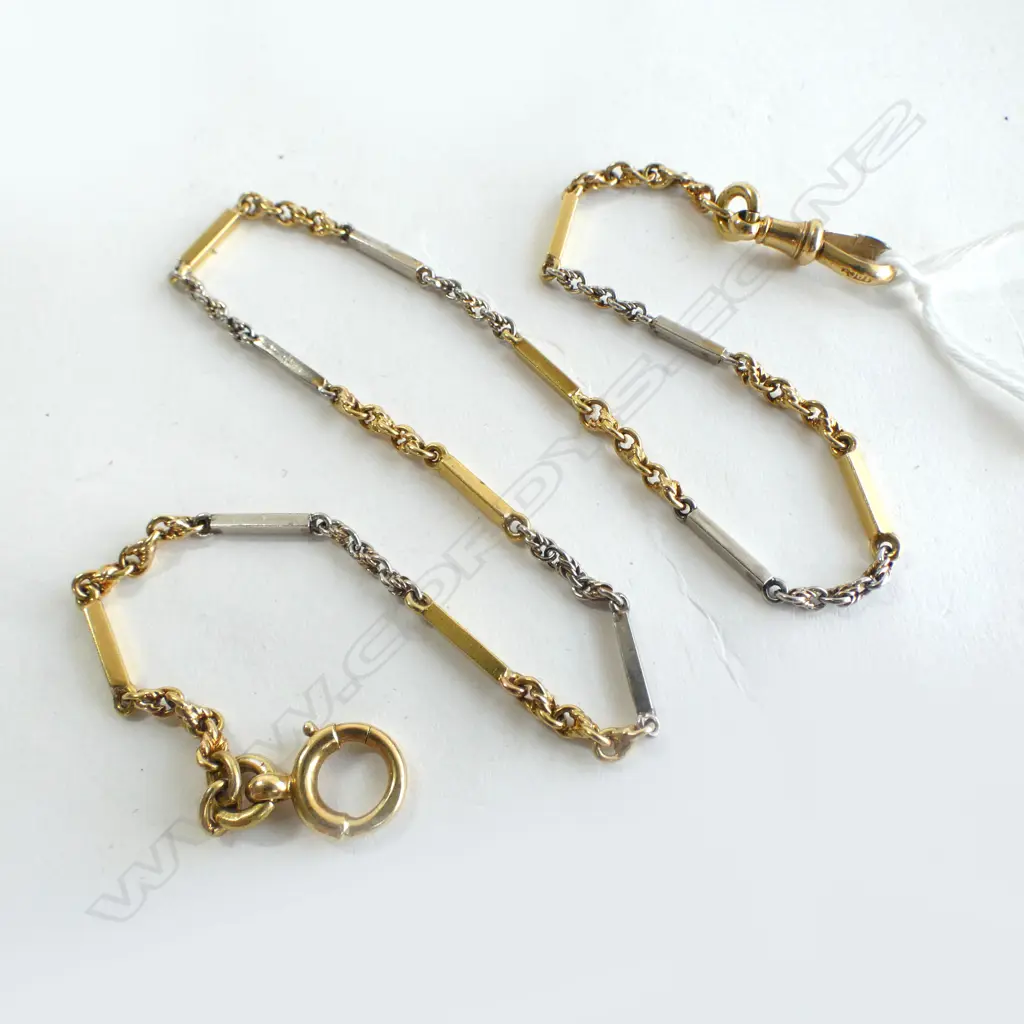 18ct FANCY FOB WATCH CHAIN, alternating wht & yellow gold links, L.360mm, 12.7gm Image 1++