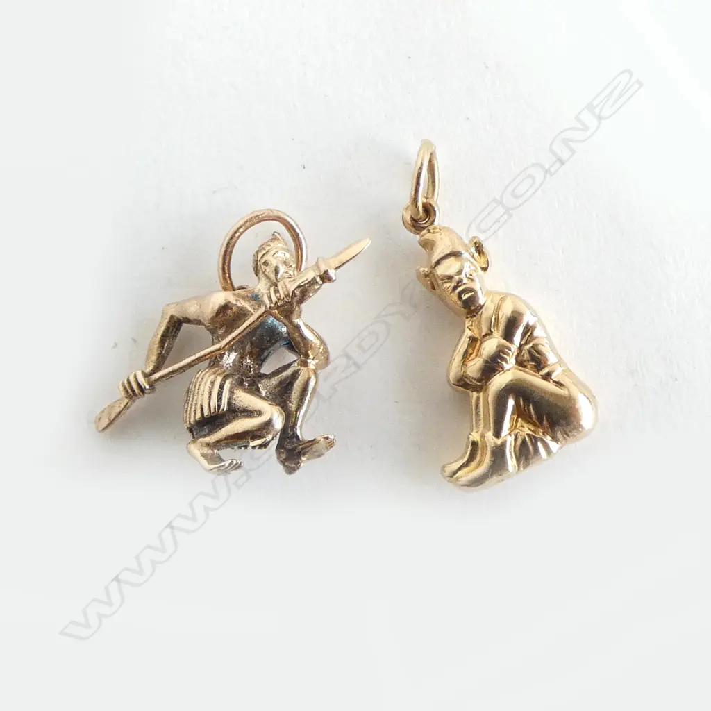 2 9ct GOLD CHARMS, MAORI WARRIOR & LEPRECHAUN, 4gm Image 1++