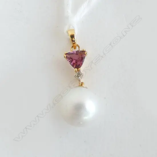 14ct PENDANT w TOURMALINE, DIAMOND & PEARL