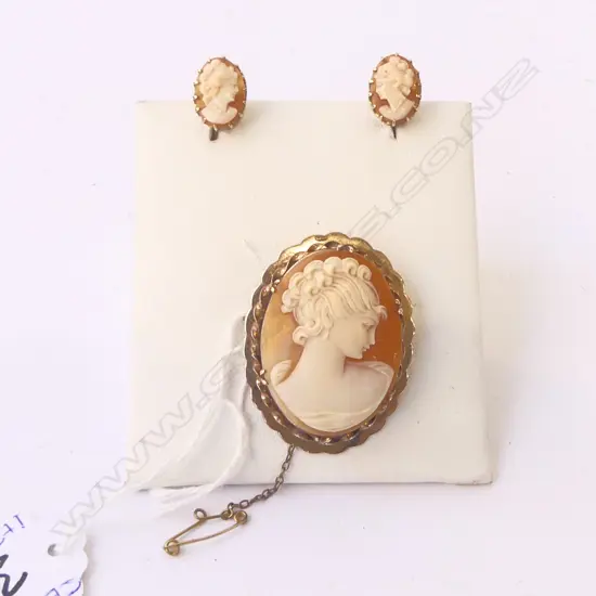 9ct GOLD & SHELL CAMEO BROOCH w. PR MATCHING EARINGS (SCREW FITINGS), 16.5gms