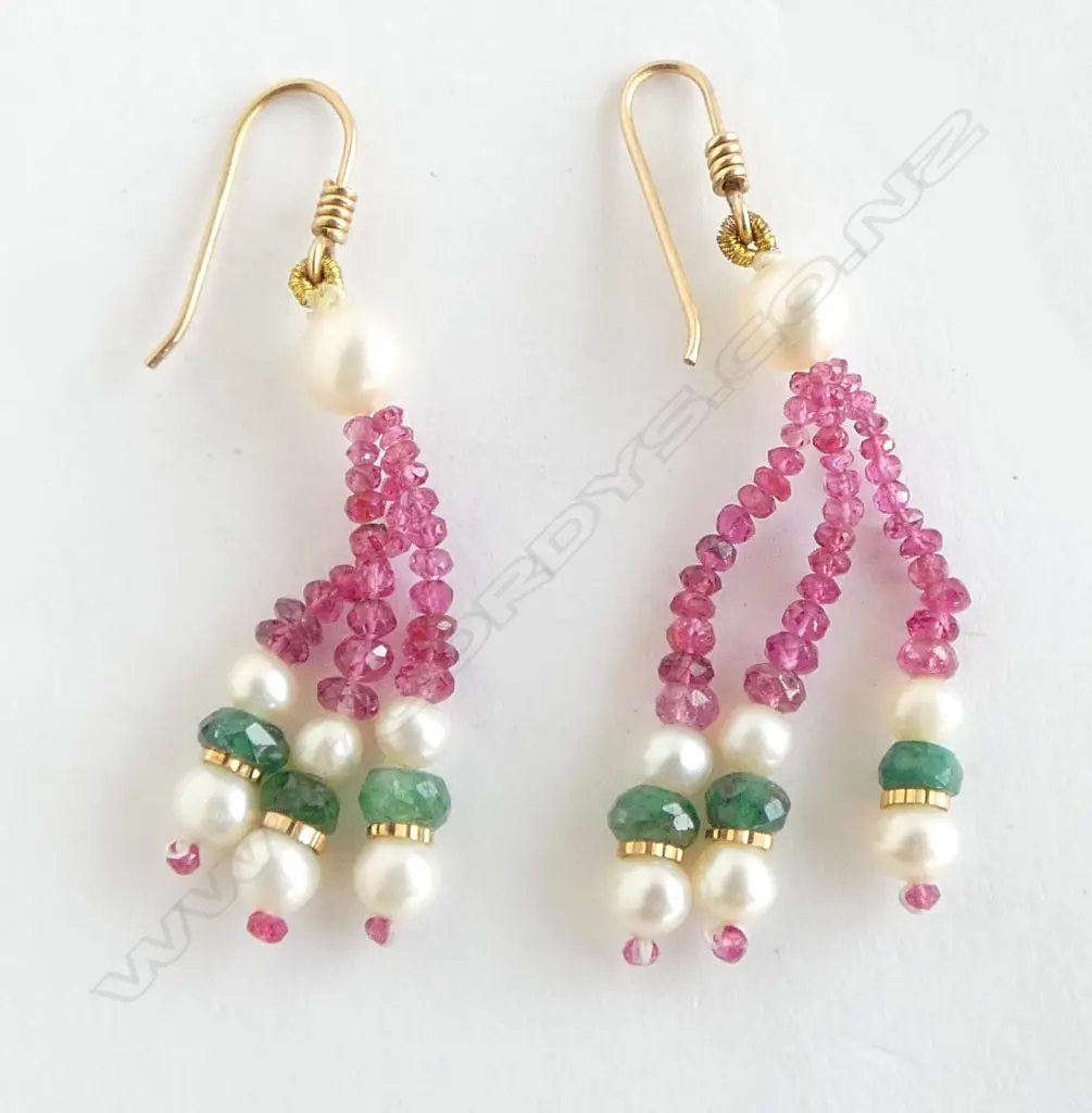 RUBY & EMERALD DROP EARRINGS w 14ct HOOKS Image 1++