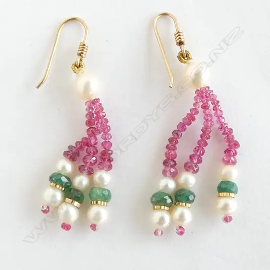 RUBY & EMERALD DROP EARRINGS w 14ct HOOKS