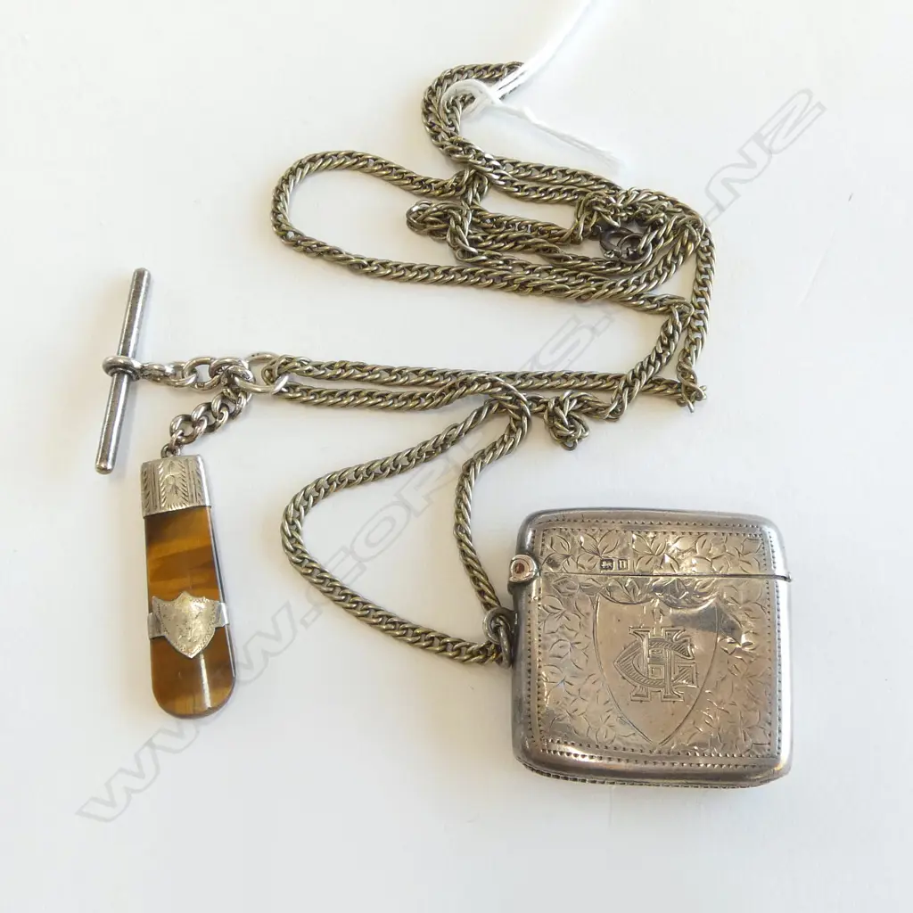ANTIQUE ENGRAVED SILVER VESTA 26gm MINIATURE DAGUERREOTYPE PHOTO FRAME & SILVER MOUNTED TIGER'S EYE FOB Image 1++