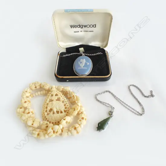 3 NECKLACES; WEDGWOOD JASPER, IVORY ELEPHANT & GREENSTONE PENDANT ON CHAIN