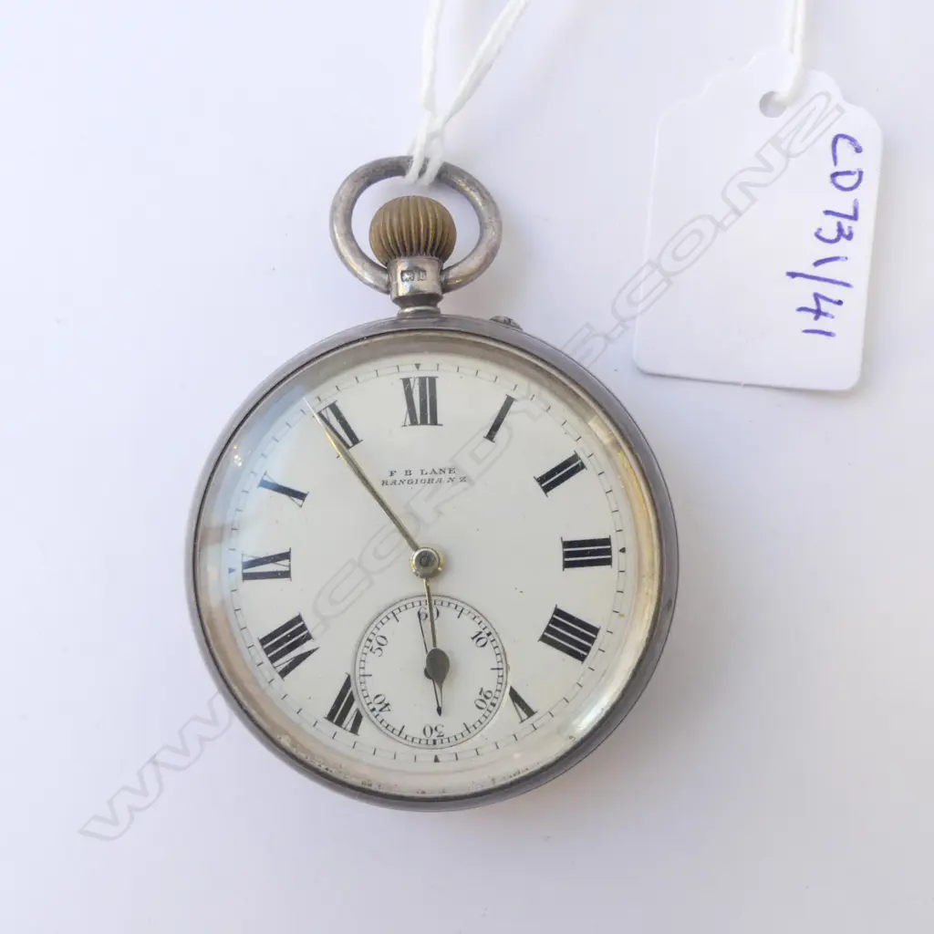 S/SILVER OPEN FACE POCKET WATCH F B LANE RANGIORA NZ  Image 1++