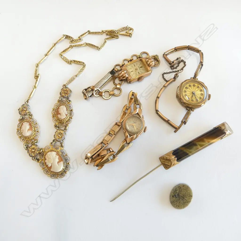 9ct GOLD MOUNTED goldstone BAR BROOCH + GOLD BEARING QUARTZ oval PANEL + 3 x plated ladies WATCHES 1 running + necklace  Image 1++