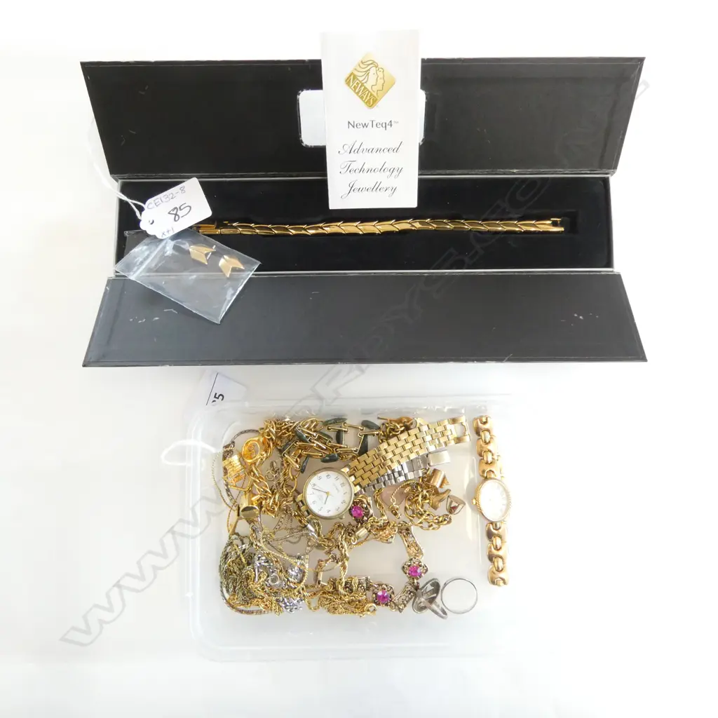 ASST. COSTUME JEWELLERY; 2 STG RINGS, 2 WATCHES, NEWTEQ4 PLATED BRACELET etc Image 1++