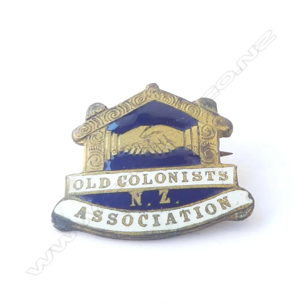 EARLY 20thC ENAMELLED BADGE: 'OLD COLONISTS NZ ASSOCIATION' marae form Image 1++