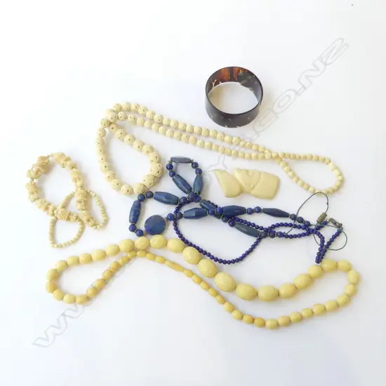 NECKLACES; 2 LAPIS LAZULI, BONE + TORTOISE SHELL BRACELET ETC