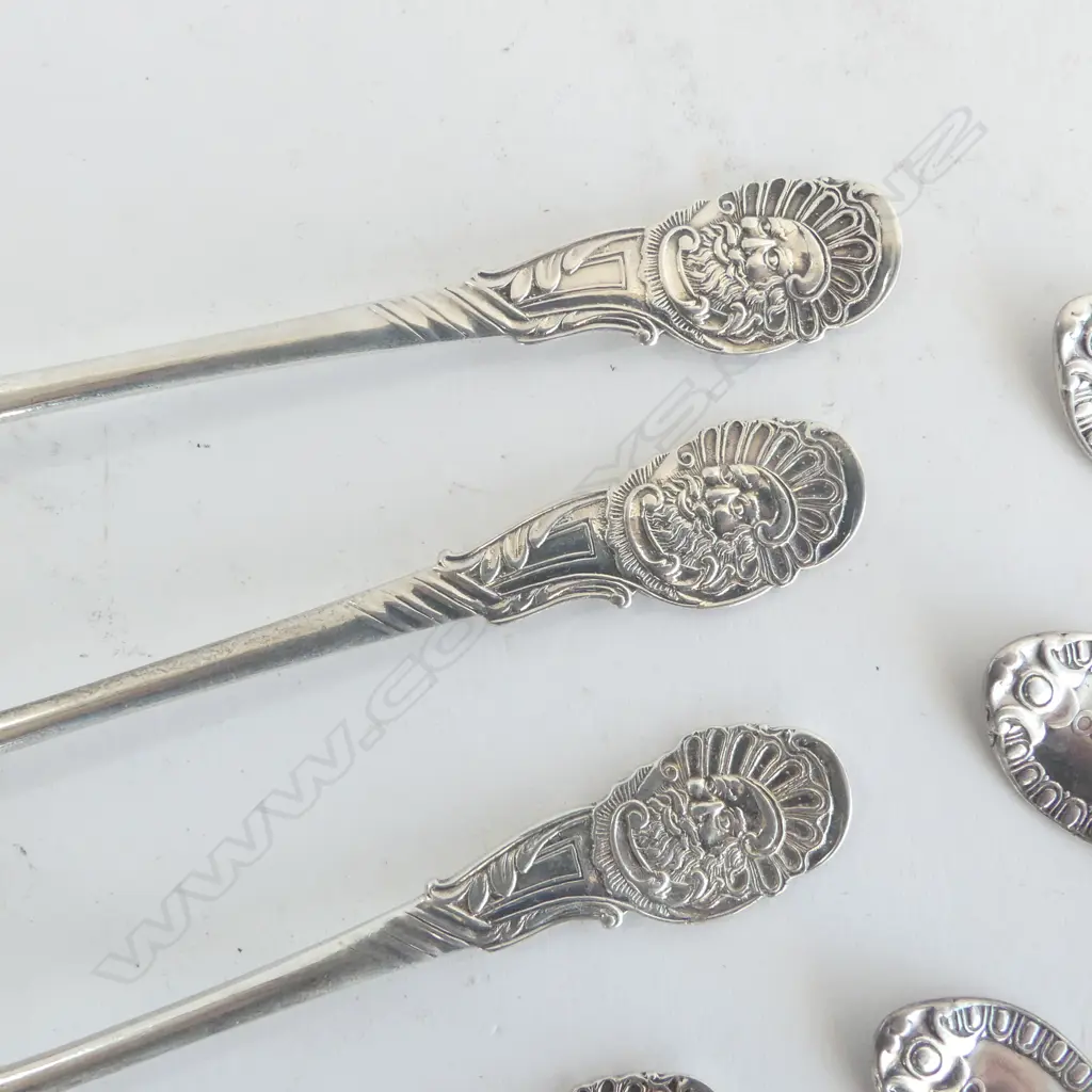 6+5 STG SILVER TEAPOONS + TONGS, 234grms Image 1++