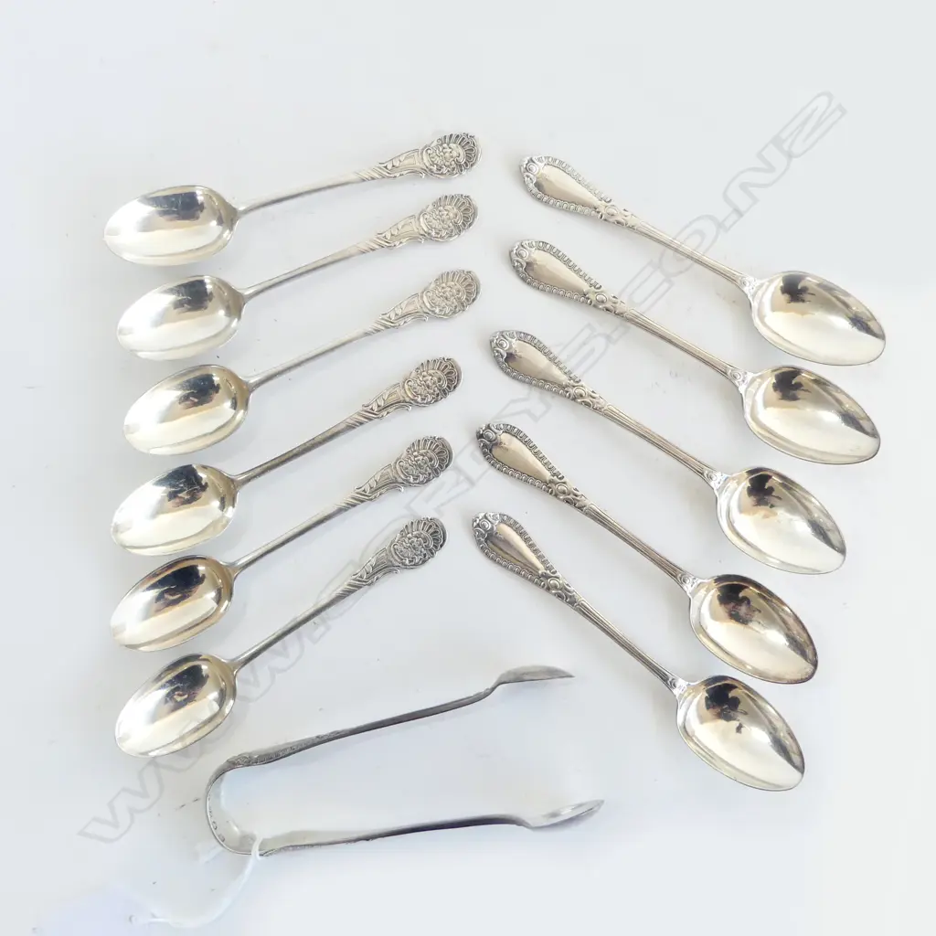 6+5 STG SILVER TEAPOONS + TONGS, 234grms Image 1++