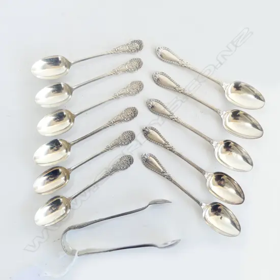 6+5 STG SILVER TEAPOONS + TONGS, 234grms