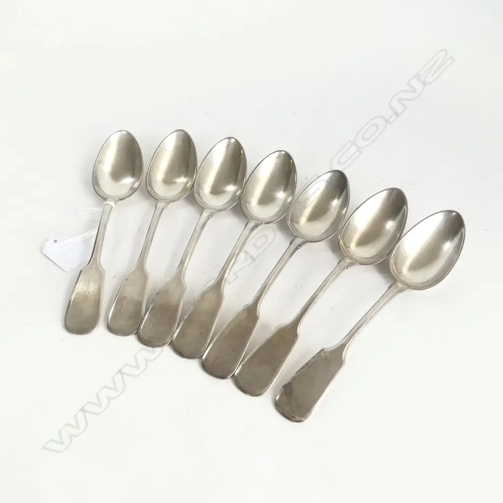 7 'ALPACA SILVER' & OTHER MAKER'S MATCHING SET NICKLE TABLE SPOONS. Fiddle pattern Image 1++