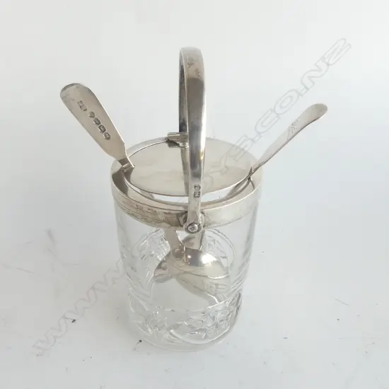 SILVER RIM LIDDED JAR, LONDON 1821-22, H.100mm & 2 JAM SPOONS, LONDON 1800s (46gm)