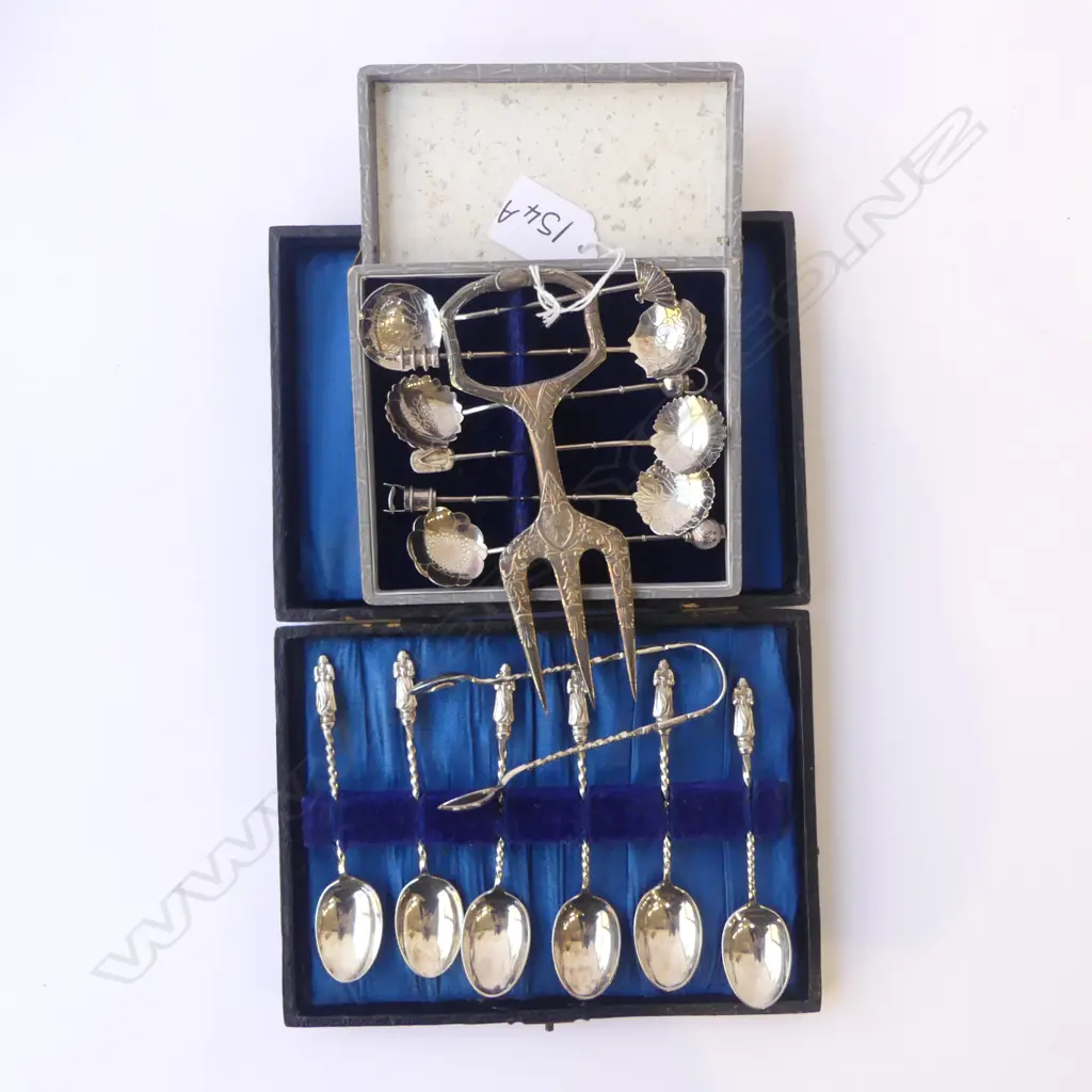2 SETS CASED TEASPOONS, ORIENTAL MARKED STERLING 31gms + OTHER NOT SURE, 86gms + EP FORK Image 1++