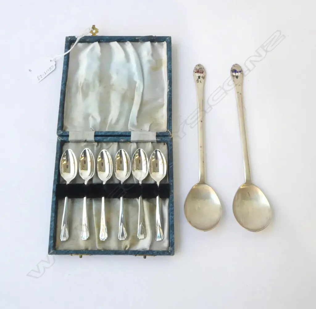 SIX STG SILVER TEASPOONS 67gms + TWO .800 SIL & ENAMEL SPOONS Image 1++