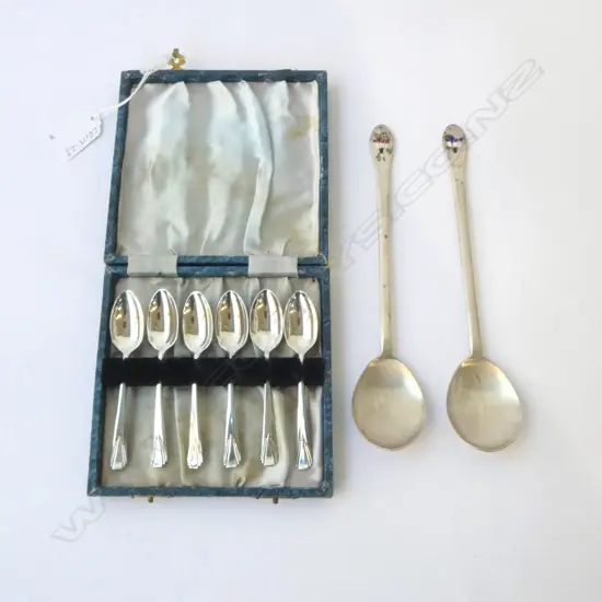 SIX STG SILVER TEASPOONS 67gms + TWO .800 SIL & ENAMEL SPOONS