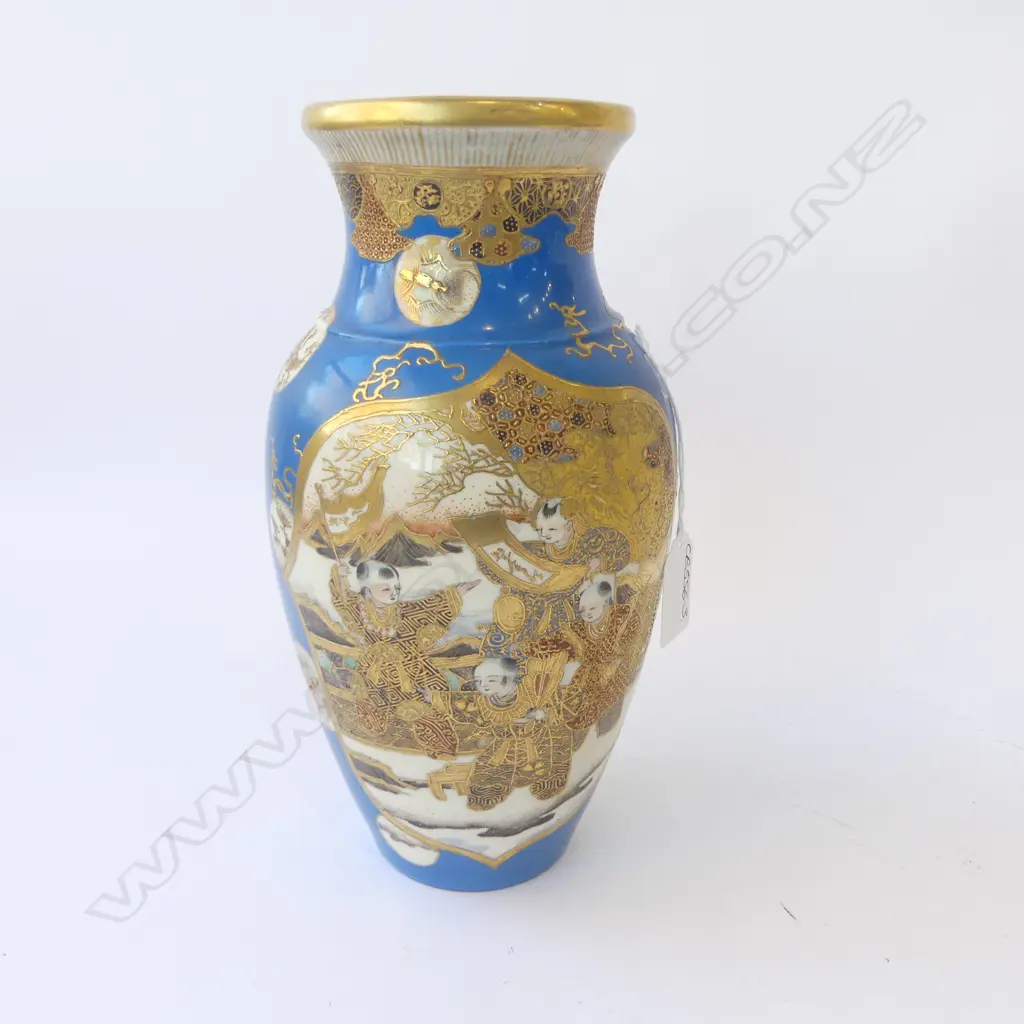 1920's JAPANESE SATSUMA VASE traditional children decoration & small circular panels. Bright blue ground H.245mm Image 1++
