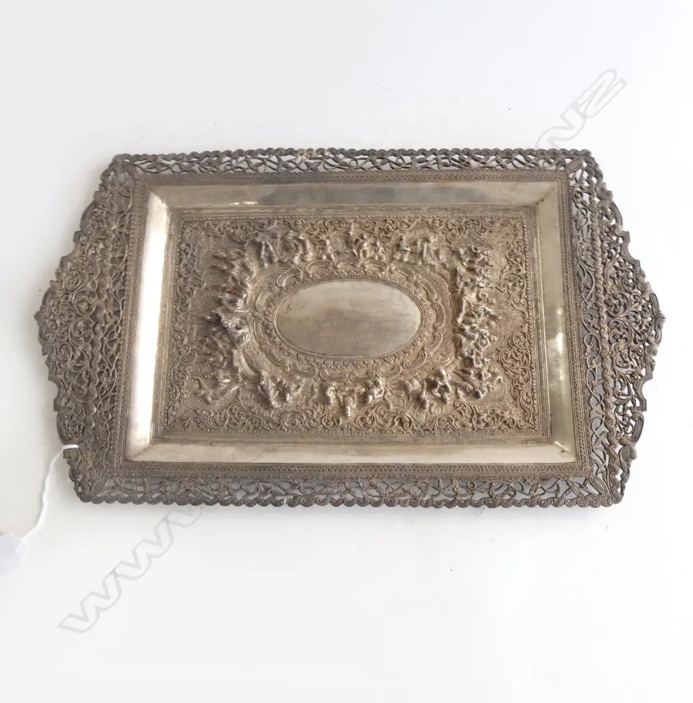 OLD THAI SILVER TRAY w HIGHLY DECORATIVE RELIEF, 410 x 240mm, 998gm Image 1++